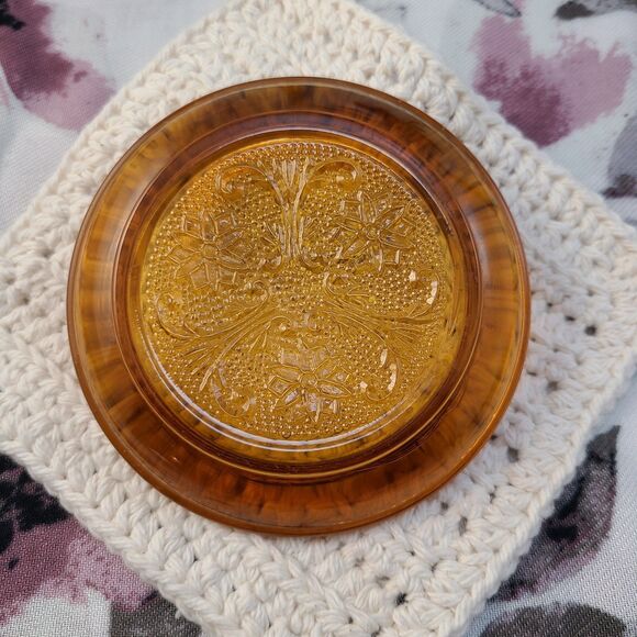 Vintage Amber Glass Coaster Embossed Floral Pattern 4.5" Decorative Dish - Picture 1 of 4
